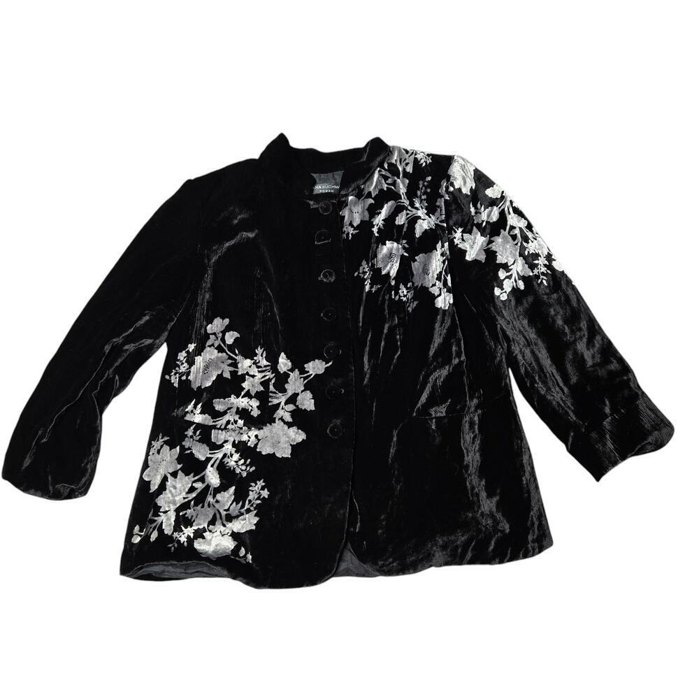 DANA‎ BUCHMAN Black Champagne Floral Velvet Button Front Jacket Size: 16